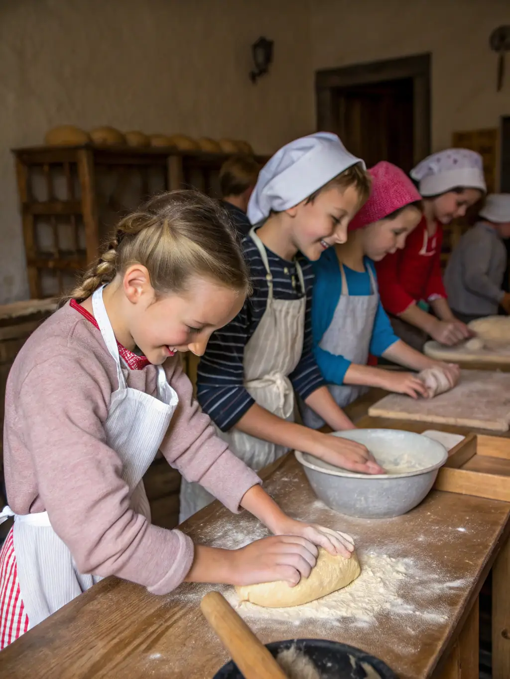 A vibrant image of children participating in a Provençal cooking class at Moulin Forville, showcasing hands-on learning and cultural immersion.